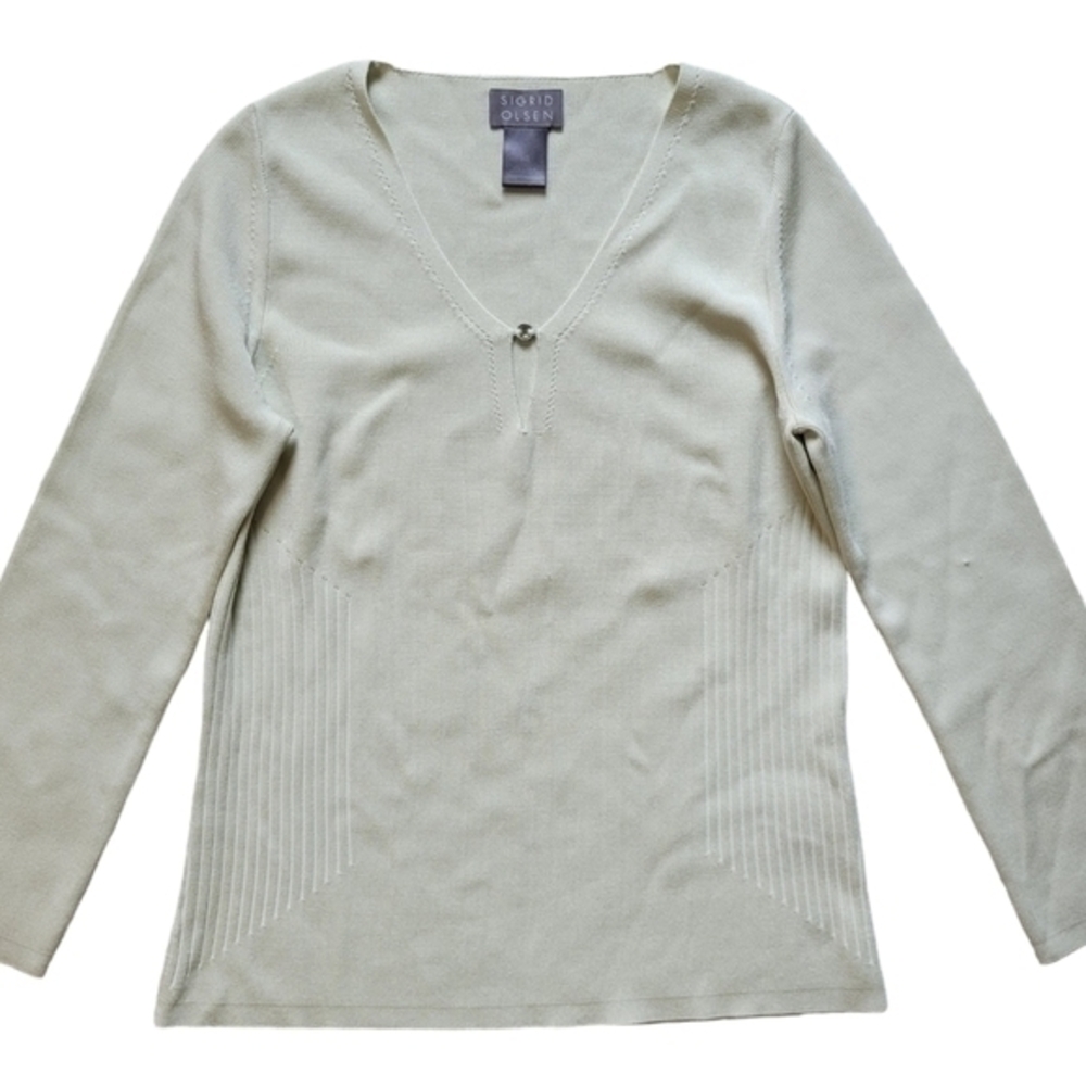 Sigrid Olsen Silk Blend Keyhole Neck Rib Knit Sweater Sage Green Womens Size XS